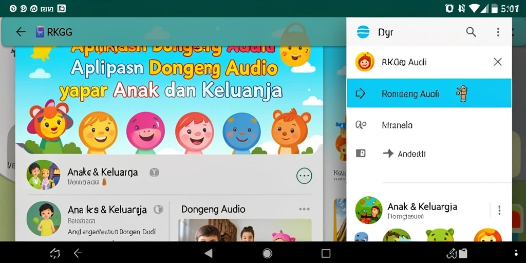 Antarmuka aplikasi RKGG menampilkan berbagai pilihan dongeng audio.